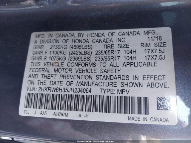 46205668 :رقم المزاد ، 2HKRW6H35JH234064 vin ، 2018 Honda Cr-v Lx مزاد بيع