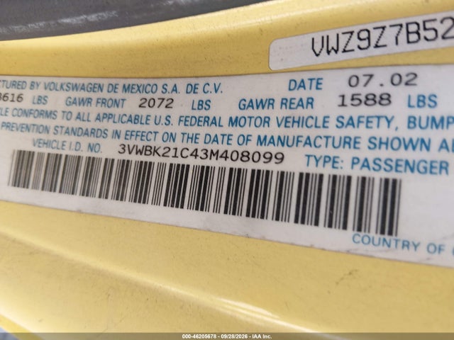 Продаж на аукціоні авто 2003 Volkswagen New Beetle Gl, vin: 3VWBK21C43M408099, номер лоту: 46205678