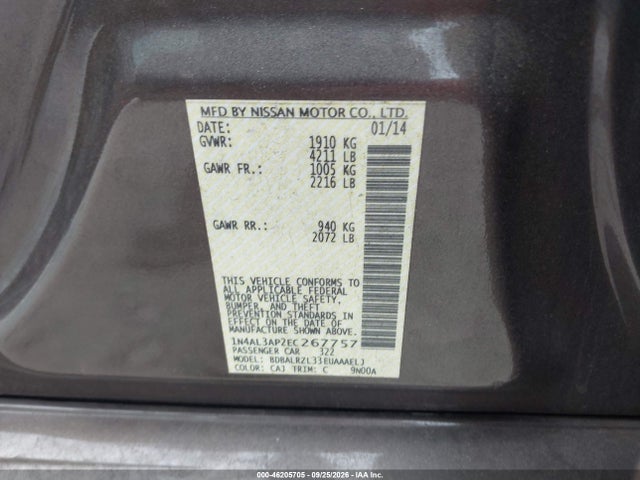 Продажа на аукционе авто 2014 Nissan Altima 2.5 S, vin: 1N4AL3AP2EC267757, номер лота: 46205705
