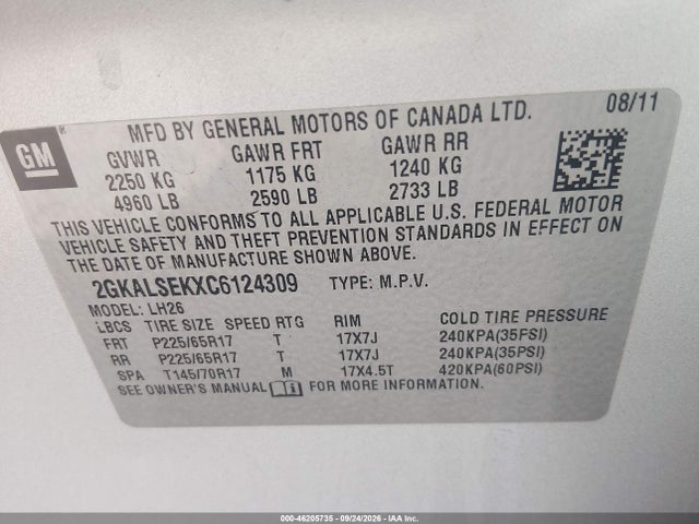 2012 Gmc Terrain Sle-2 მანქანა იყიდება აუქციონზე, vin: 2GKALSEKXC6124309, აუქციონის ნომერი: 46205735