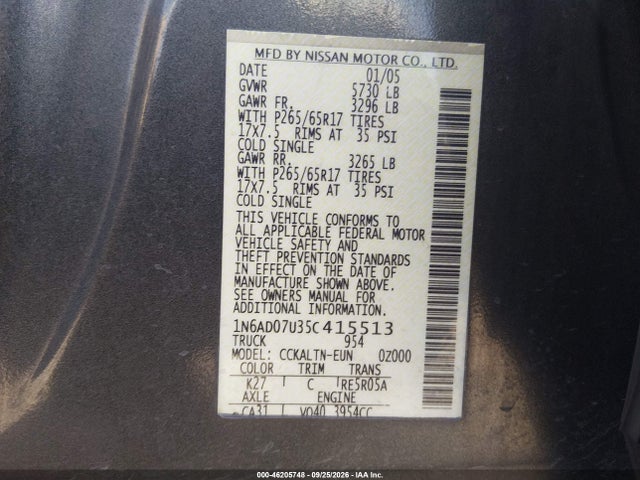Продаж на аукціоні авто 2005 Nissan Frontier Le, vin: 1N6AD07U35C415513, номер лоту: 46205748