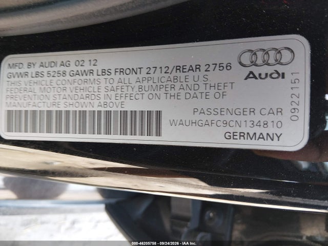46205758 :رقم المزاد ، WAUHGAFC9CN134810 vin ، 2012 Audi A6 3.0t Prestige مزاد بيع