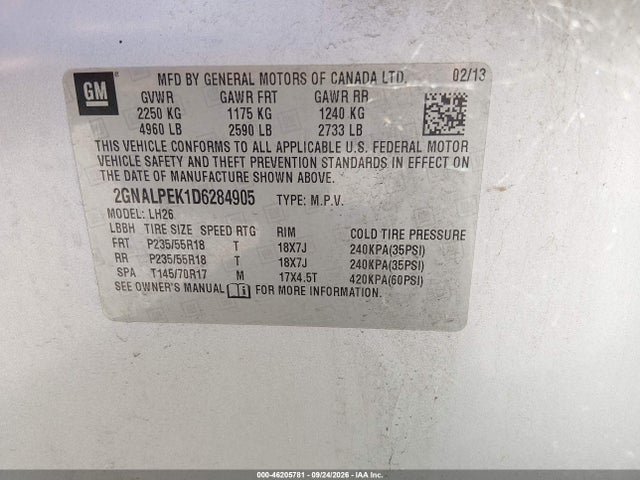 Aukcja sprzedaży 2013 Chevrolet Equinox 2lt, vin: 2GNALPEK1D6284905, numer aukcji: 46205781