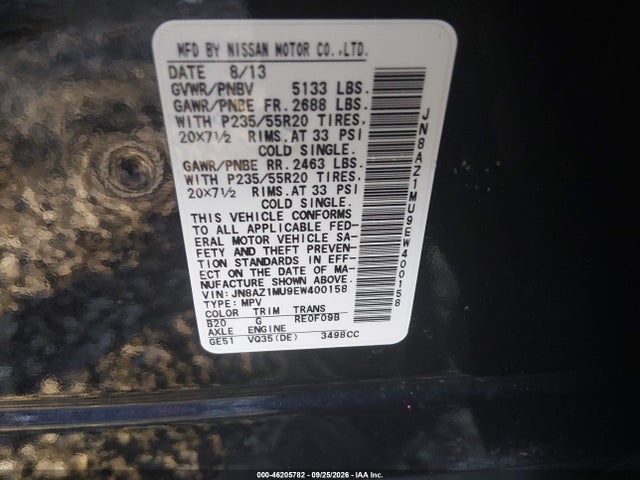 46205782 :رقم المزاد ، JN8AZ1MU9EW400158 vin ، 2014 Nissan Murano Le مزاد بيع