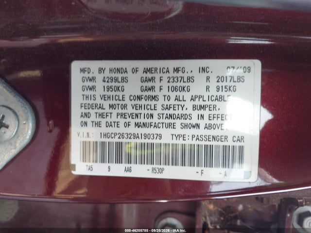 Продаж на аукціоні авто 2009 Honda Accord Sdn Lx, vin: 1HGCP26329A190379, номер лоту: 46205785