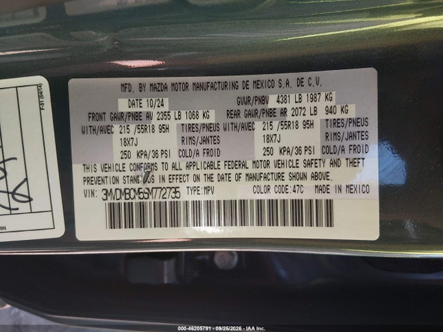 46205791 :رقم المزاد ، 3MVDMBCM5SM772735 vin ، 2025 Mazda Cx-30 2.5 S Carbon Edition مزاد بيع