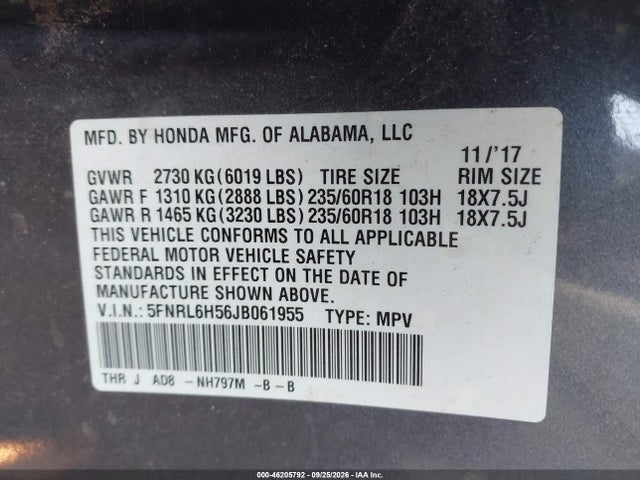 46205792 :رقم المزاد ، 5FNRL6H56JB061955 vin ، 2018 Honda Odyssey Ex مزاد بيع