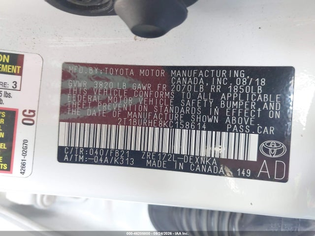 Aukcja sprzedaży 2019 Toyota Corolla Le, vin: 2T1BURHE8KC158614, numer aukcji: 46205800