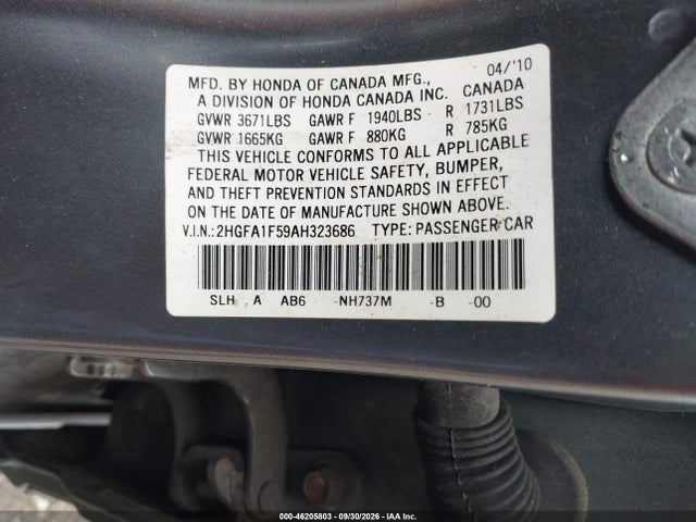 46205803 :رقم المزاد ، 2HGFA1F59AH323686 vin ، 2010 Honda Civic Lx مزاد بيع