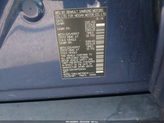 Aukcja sprzedaży 2019 Nissan Rogue Sv, vin: KNMAT2MVXKP534341, numer aukcji: 46205808