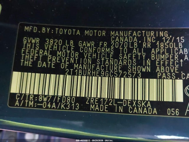 46205813 :رقم المزاد ، 2T1BURHE9GC572573 vin ، 2016 Toyota Corolla S Plus مزاد بيع