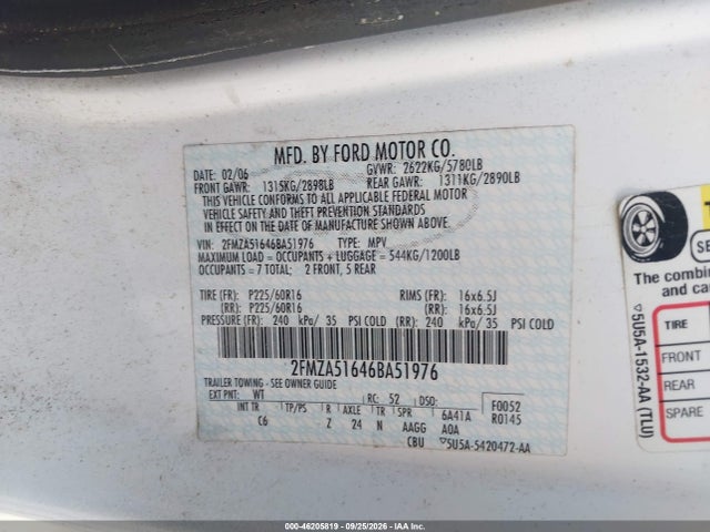 Продажа на аукционе авто 2006 Ford Freestar Se, vin: 2FMZA51646BA51976, номер лота: 46205819