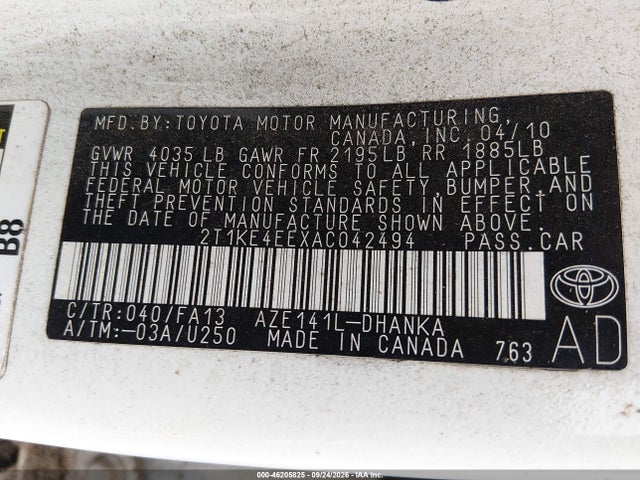 Продажа на аукционе авто 2010 Toyota Matrix S, vin: 2T1KE4EEXAC042494, номер лота: 46205825