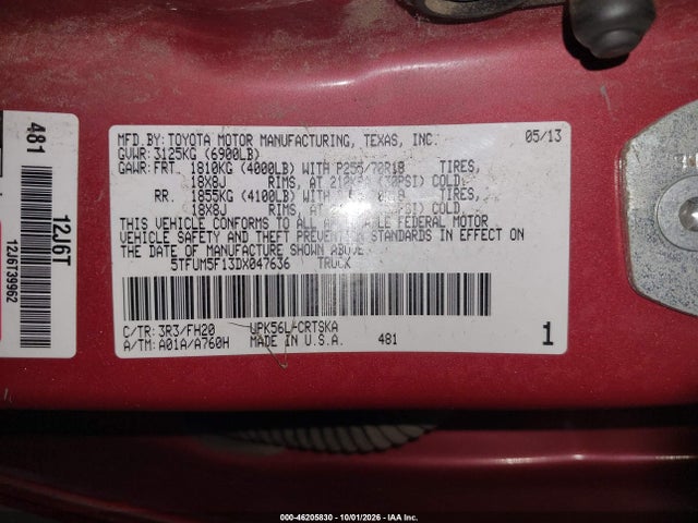 46205830 :رقم المزاد ، 5TFUM5F13DX047636 vin ، 2013 Toyota Tundra 4wd Truck Grade 4.6l V8 (a6) مزاد بيع