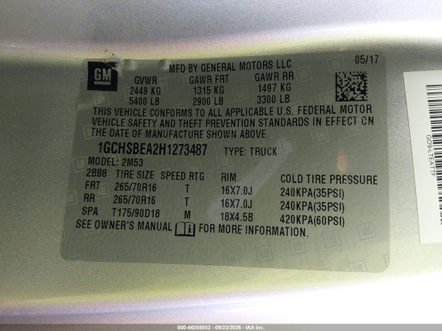 Chevrolet Colorado Wt 2017 1GCHSBEA2H1273487 Image 9