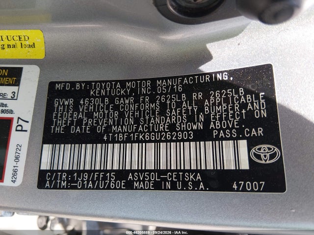 2016 Toyota Camry Se მანქანა იყიდება აუქციონზე, vin: 4T1BF1FK6GU262903, აუქციონის ნომერი: 46205889
