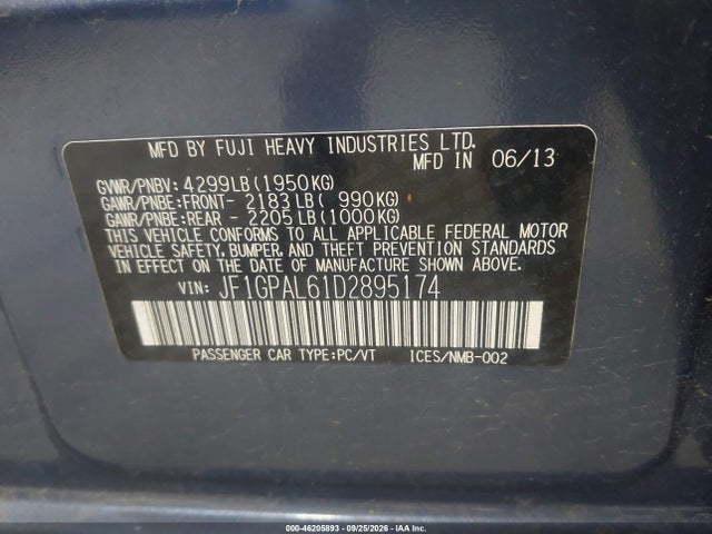 46205893 :رقم المزاد ، JF1GPAL61D2895174 vin ، 2013 Subaru Impreza Wagon 2.0i Sport Premium مزاد بيع