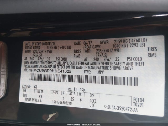 Ford ESCAPE SE 2017 1FMCU9GD9HUE41625 Image 9