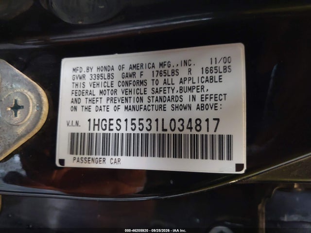 46205920 :رقم المزاد ، 1HGES15531L034817 vin ، 2001 Honda Civic Lx مزاد بيع