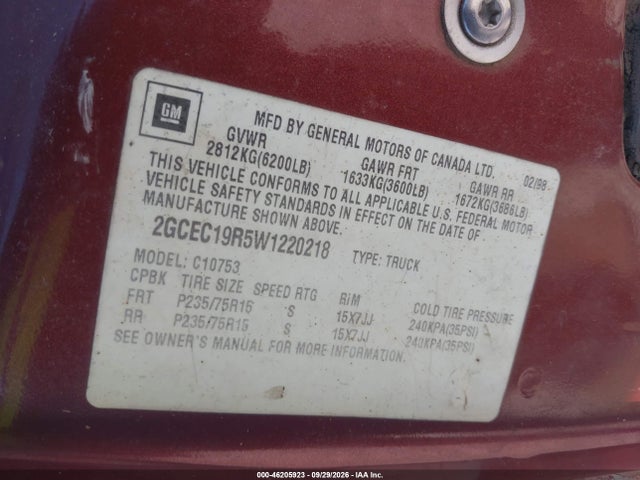 Aukcja sprzedaży 1998 Chevrolet C1500 Fleetside, vin: 2GCEC19R5W1220218, numer aukcji: 46205923