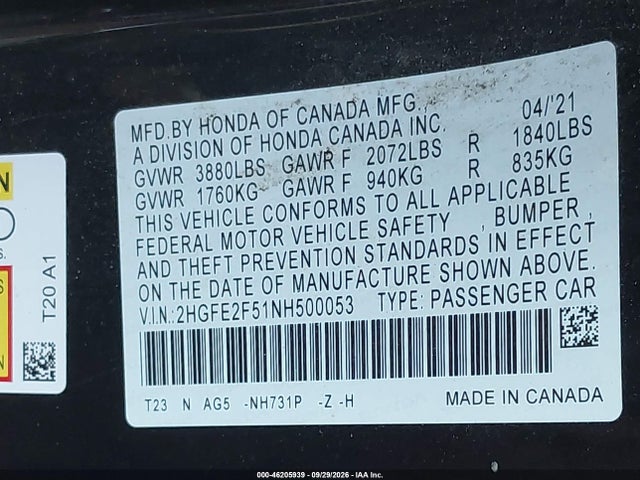 2HGFE2F51NH500053 Honda Civic Sport