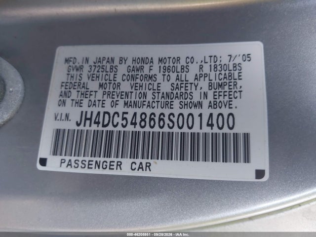 2006 Acura Rsx მანქანა იყიდება აუქციონზე, vin: JH4DC54866S001400, აუქციონის ნომერი: 46205951