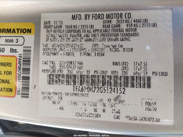 Aukcja sprzedaży 2016 Ford Fusion Se, vin: 1FA6P0H72G5124152, numer aukcji: 46205952