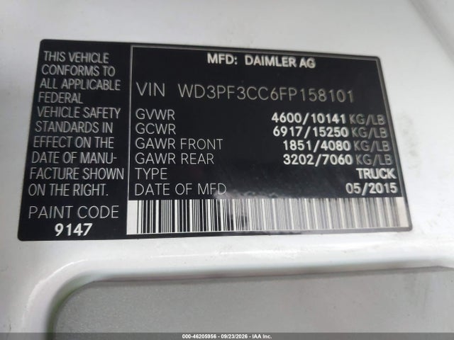 Auction sale of the 2015 Mercedes-benz Sprinter S High Roof, vin: WD3PF3CC6FP158101, lot number: 46205956