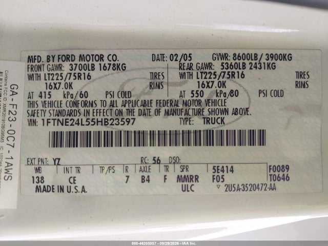 2005 Ford E-250 Commercial/recreational მანქანა იყიდება აუქციონზე, vin: 1FTNE24L55HB23597, აუქციონის ნომერი: 46205957