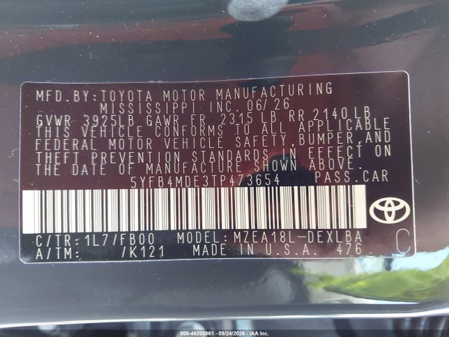 Продажа на аукционе авто 2026 Toyota Corolla Le, vin: 5YFB4MDE3TP473654, номер лота: 46205961