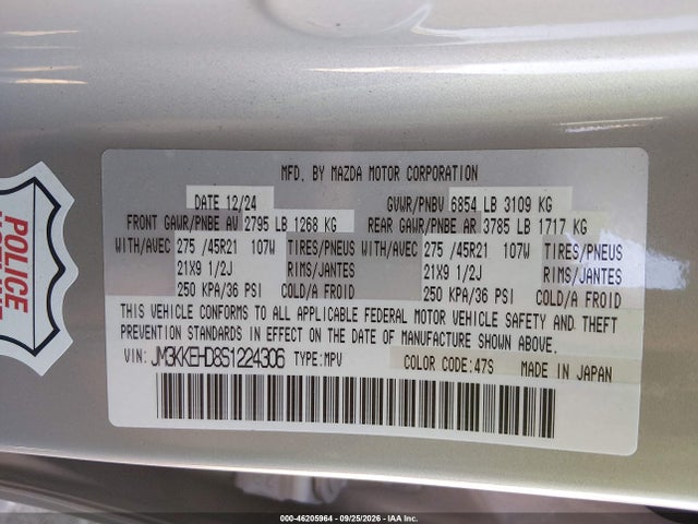 46205964 :رقم المزاد ، JM3KKEHD8S1224306 vin ، 2025 Mazda Cx-90 3.3 Turbo Premium Plus Package مزاد بيع