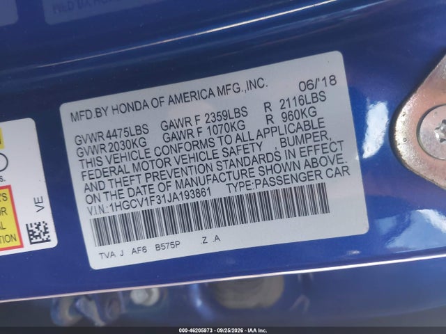 Продажа на аукционе авто 2018 Honda Accord Sport, vin: 1HGCV1F31JA193861, номер лота: 46205973