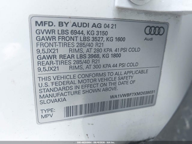 2021 Audi Sq7 Prestige Tfsi Quattro Tiptronic მანქანა იყიდება აუქციონზე, vin: WA1VWBF7XMD039031, აუქციონის ნომერი: 46205984