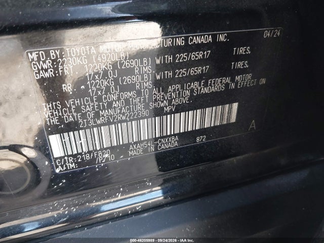 46205989 :رقم المزاد ، 2T3LWRFV2RW222390 vin ، 2024 Toyota Rav4 Hybrid Le مزاد بيع