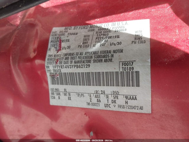 46205996 :رقم المزاد ، 1FTYR14V3YPB62129 vin ، 2000 Ford Ranger Xl/xlt مزاد بيع