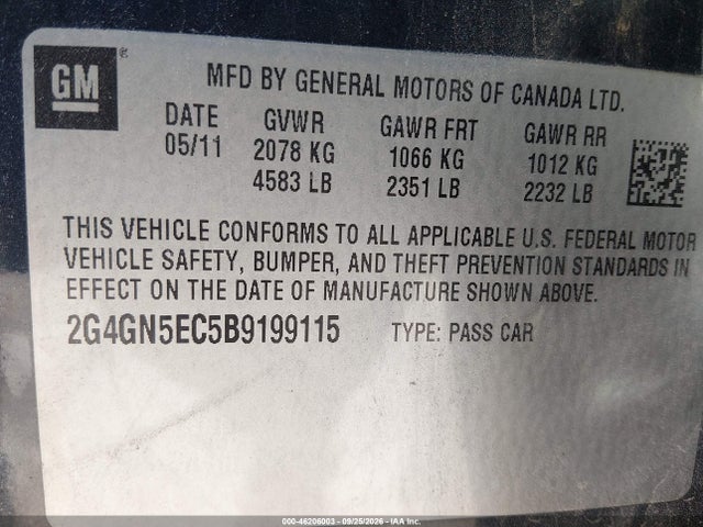 46206003 :رقم المزاد ، 2G4GN5EC5B9199115 vin ، 2011 Buick Regal Cxl Oshawa مزاد بيع