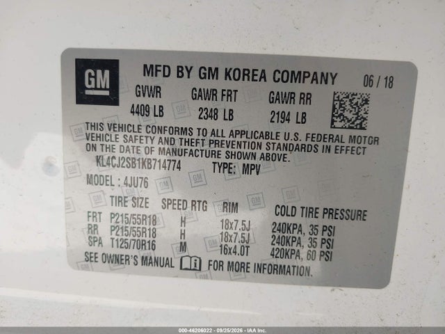 46206022 :رقم المزاد ، KL4CJ2SB1KB714774 vin ، 2019 Buick Encore Awd Sport Touring مزاد بيع