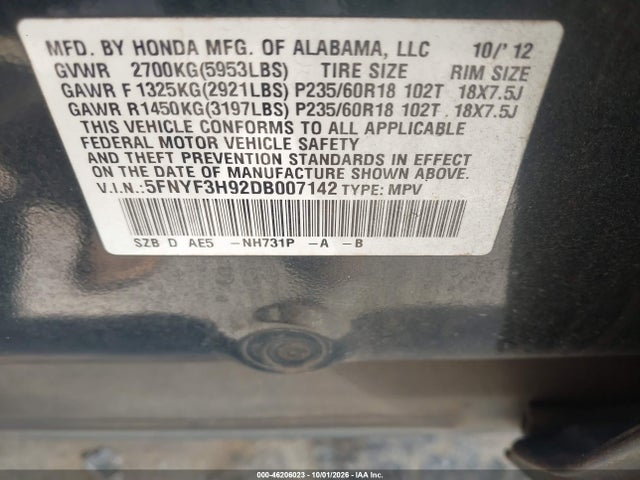 46206023 :رقم المزاد ، 5FNYF3H92DB007142 vin ، 2013 Honda Pilot Touring مزاد بيع