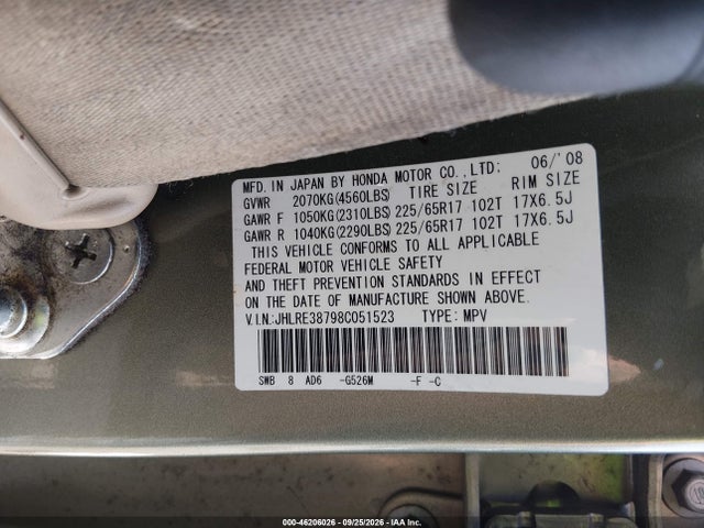 Aukcja sprzedaży 2008 Honda Cr-v Ex-l, vin: JHLRE38798C051523, numer aukcji: 46206026