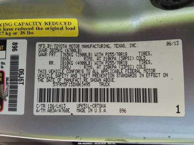 Продаж на аукціоні авто 2013 Toyota Tundra Grade 4.6l V8, vin: 5TFRM5F15DX065495, номер лоту: 46206033