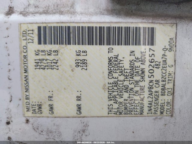46206035 :رقم المزاد ، 1N4AL2AP8CN502657 vin ، 2012 Nissan Altima 2.5 S مزاد بيع