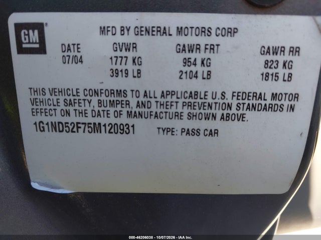 46206038 :رقم المزاد ، 1G1ND52F75M120931 vin ، 2005 Chevrolet Classic مزاد بيع
