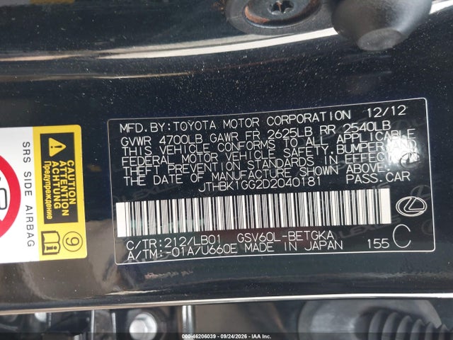 Продаж на аукціоні авто 2013 Lexus Es 350, vin: JTHBK1GG2D2040181, номер лоту: 46206039