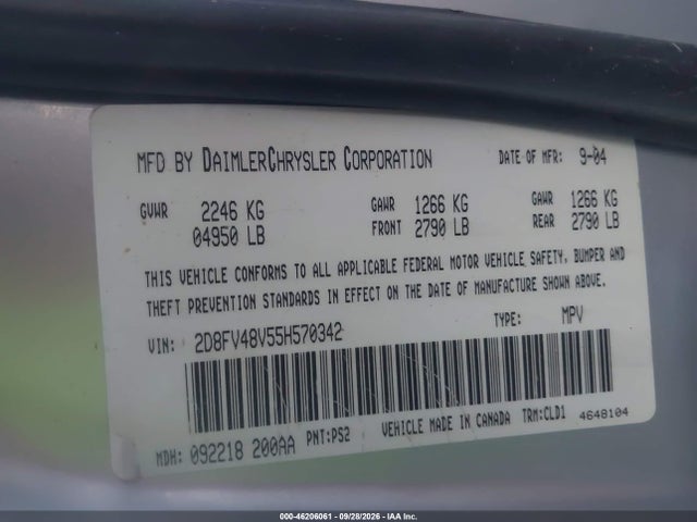46206061 :رقم المزاد ، 2D8FV48V55H570342 vin ، 2005 Dodge Magnum Se مزاد بيع