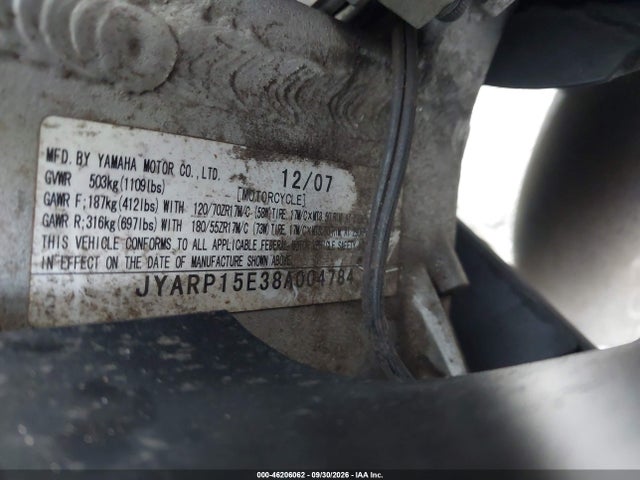 2008 Yamaha Fjr1300 A მანქანა იყიდება აუქციონზე, vin: JYARP15E38A004784, აუქციონის ნომერი: 46206062