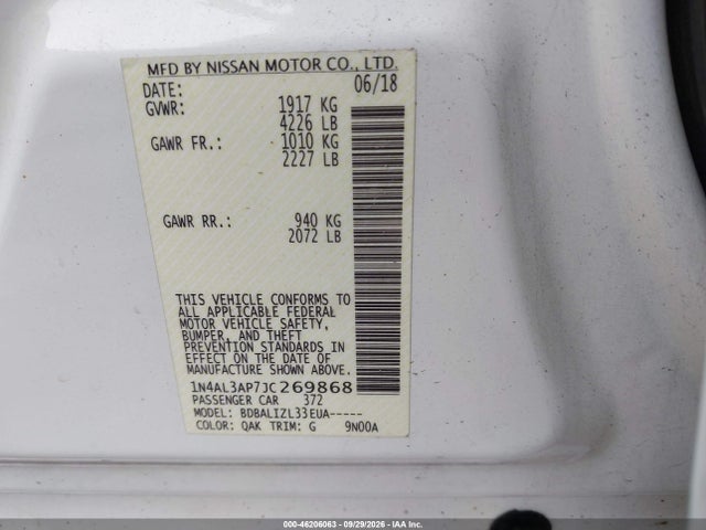 46206063 :رقم المزاد ، 1N4AL3AP7JC269868 vin ، 2018 Nissan Altima 2.5 Sv مزاد بيع