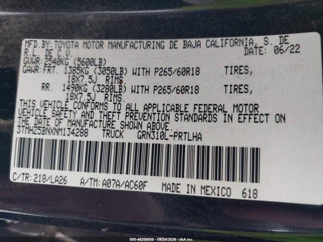2022 Toyota Tacoma Limited მანქანა იყიდება აუქციონზე, vin: 3TMHZ5BNXNM134288, აუქციონის ნომერი: 46206088
