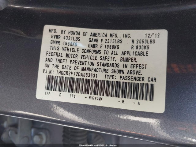 Продаж на аукціоні авто 2013 Honda Accord Sdn Ex, vin: 1HGCR2F72DA083631, номер лоту: 46206098