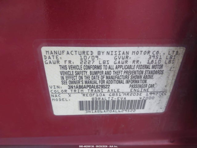 Продаж на аукціоні авто 2010 Nissan Sentra 2.0 S, vin: 3N1AB6AP0AL629522, номер лоту: 46206136
