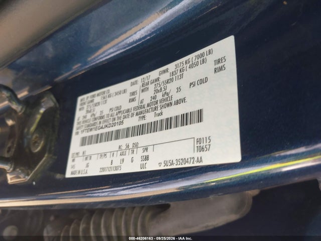 2018 Ford F-150 Xl მანქანა იყიდება აუქციონზე, vin: 1FTEW1EG4JKD20105, აუქციონის ნომერი: 46206163
